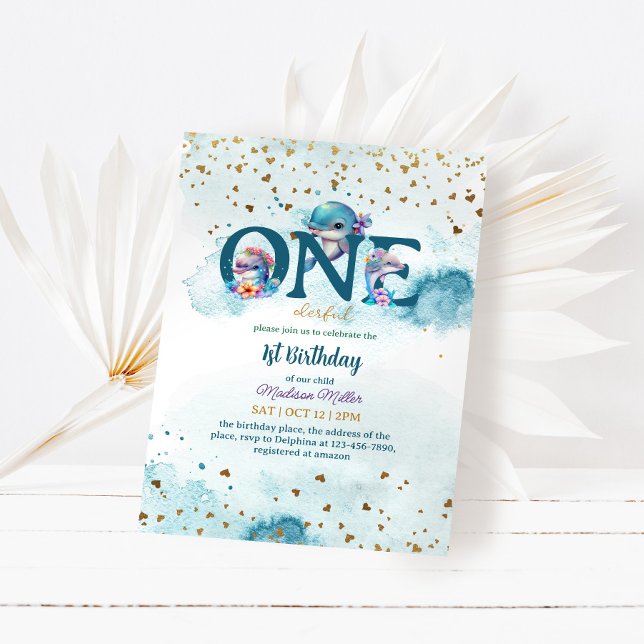 Invitation Jolie dauphin mignonne bébé fille 1er anniversaire (Créateur téléchargé)