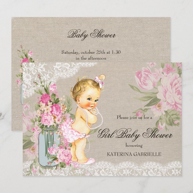 Invitation Jolie dentelle de Shabby Floral Girl Baby shower B (Devant / Derrière)