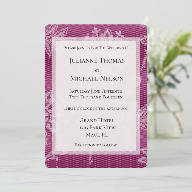 Invitation Jolie dentelle de vin de Bourgogne Mariage romanti (Debout devant)