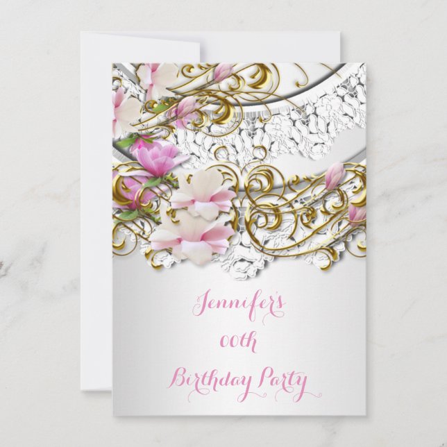 Invitation Jolie dentelle d'or rose blanc floral fête d'anniv (Devant)