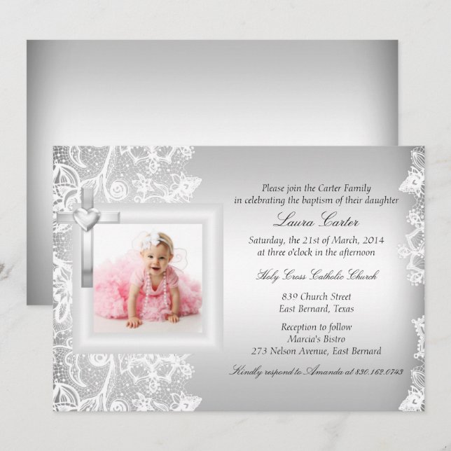 Invitation Jolie dentelle et croix Baptême d'argent / Christe (Devant / Derrière)