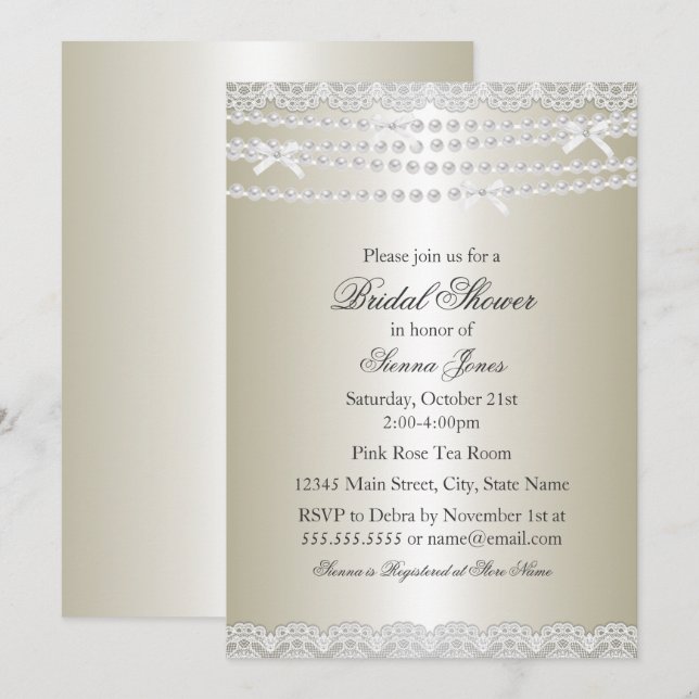 Invitation Jolie dentelle et Pearl nuptiale de douche Invitat (Devant / Derrière)