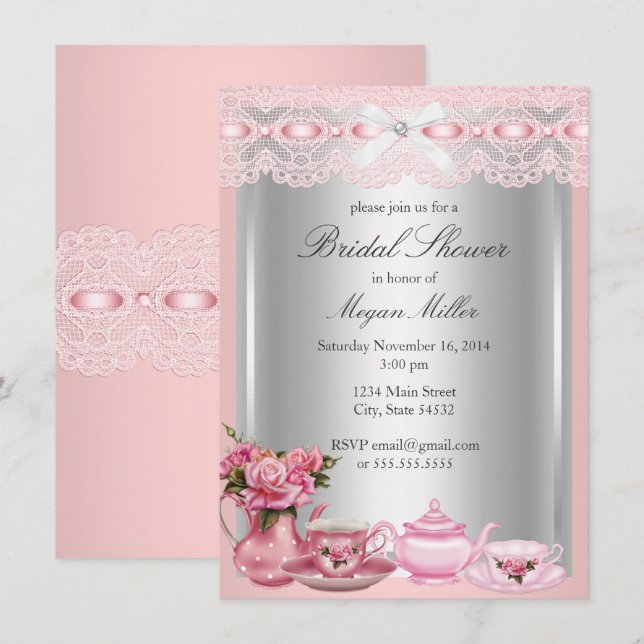 Invitation Jolie dentelle rose haute Fête des mariées de thé (Devant / Derrière)