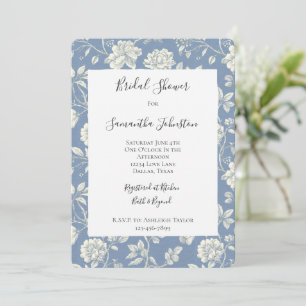 Invitation Jolie Douche de Mariée Fleurs Crème Bleu Romantiqu