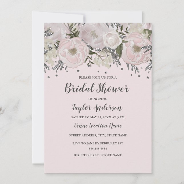 Invitation Jolie Douche Florale Rose Argent Rose Plie (Devant)