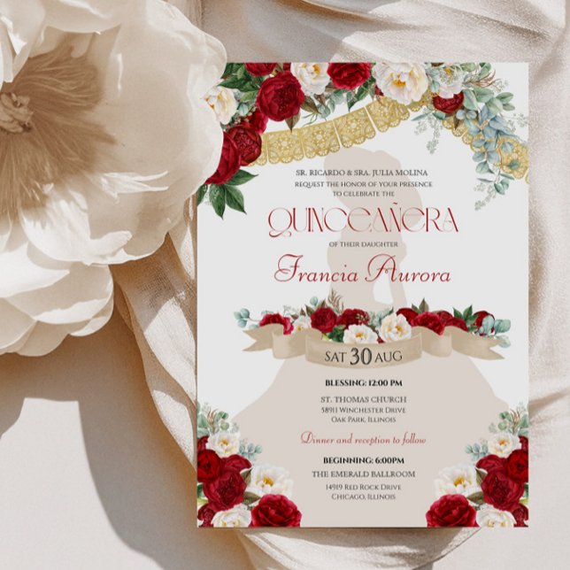 Invitation Jolie Elegant Charro Rouge Blanc Or Quinceanera (Créateur téléchargé)