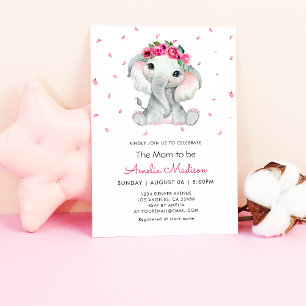Invitation Jolie Eléphant Floral Aquarelle Bébé Fille douche
