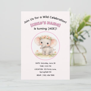 Invitation Jolie éléphante de safari à l'aquarelle pour fille