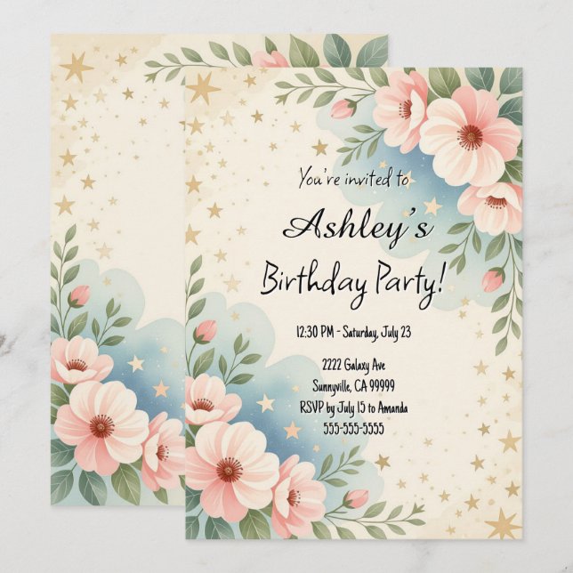 Invitation Jolie Enfants Espace Fleur thème Anniversaire (Devant / Derrière)