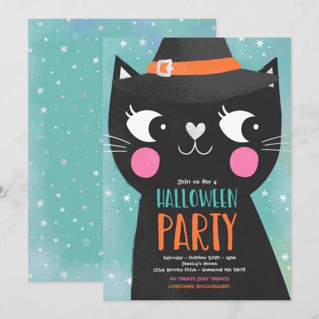 Invitation Jolie Enfants Halloween Sorcières de fête Chat Éff (Devant / Derrière)