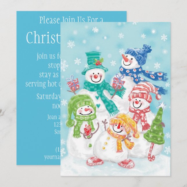 Invitation Jolie famille des neigeurs de Noël dans la neige (Devant / Derrière)
