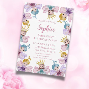 Invitation Jolie Fée Premier Anniversaire Rose Aquarelle