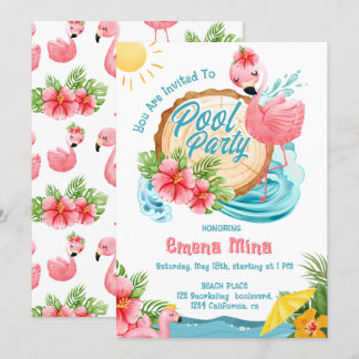 Invitation jolie fete au bord de la piscine avec flamant rose