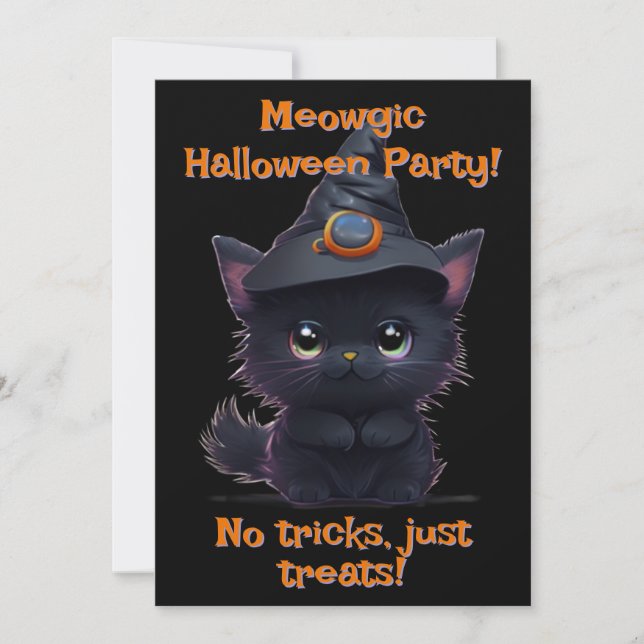 Invitation Jolie fête blanche d'Halloween magique chat noir (Devant)