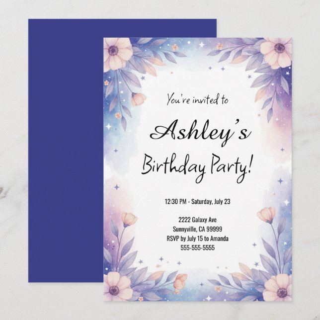 Invitation Jolie Fête d'Anniversaire Bleue & Violette Fille (Devant / Derrière)