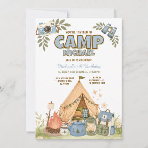 Invitation Jolie fête d'anniversaire de camping bleu en plein