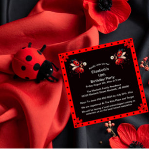 Invitation Jolie Fête d'Anniversaire de Fée Coccinelle Noire/