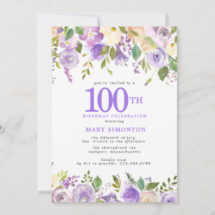 Invitation Jolie fête d'anniversaire des 100 ans aux fleurs v