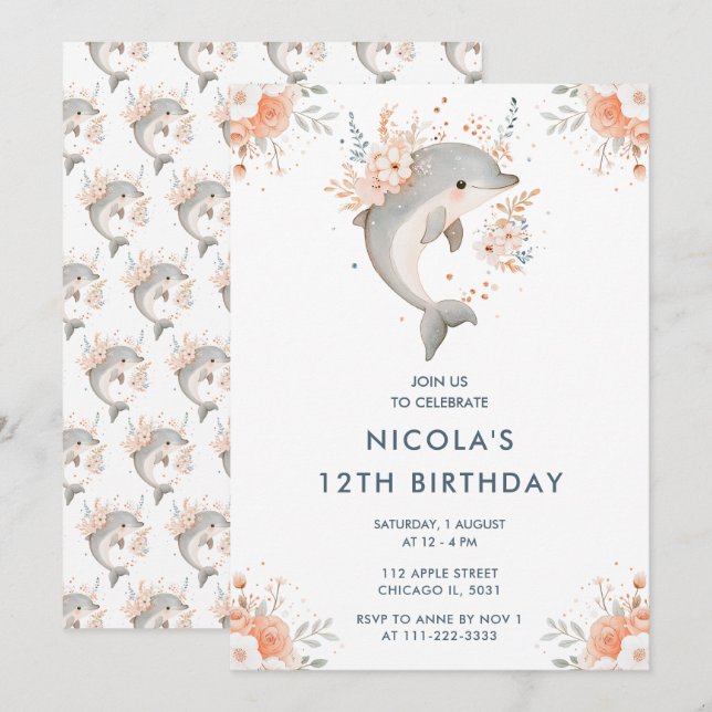 Invitation Jolie fête d'anniversaire du dauphin floral (Devant / Derrière)