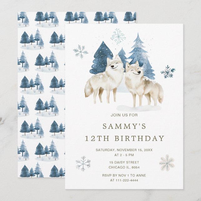 Invitation Jolie fête d'anniversaire du loup arctique hiverna (Devant / Derrière)
