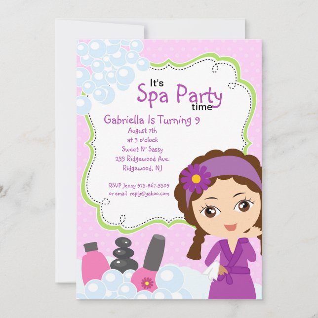 Invitation Jolie fête d'anniversaire pourpre de spa de fille (Devant)
