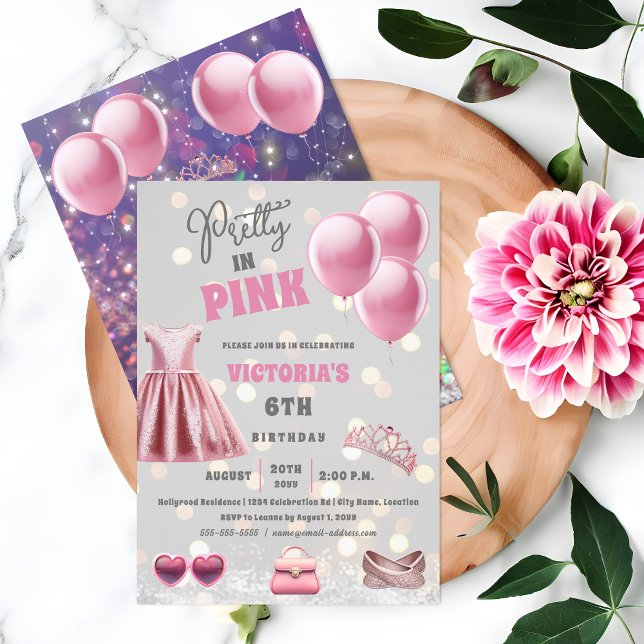 Invitation Jolie fête d'anniversaire rose (All about your daughter being Pretty In Pink for her birthday party invitation front and back view.)
