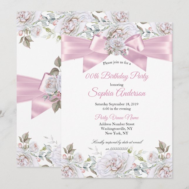 Invitation Jolie fête d'anniversaire rose Rose (Devant / Derrière)