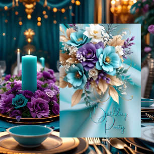 Invitation Jolie Fête d'Anniversaire Soie Bleu Canard Violet 