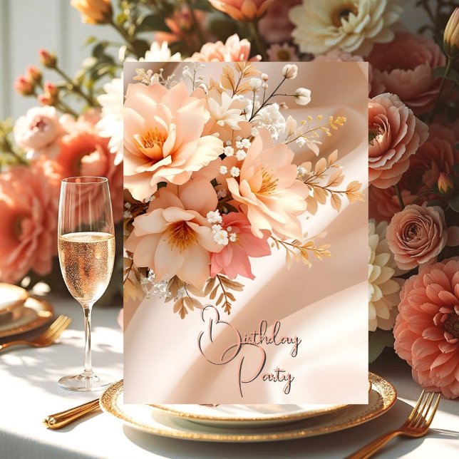 Invitation Jolie fête d'anniversaire Soie Pêche rose Floral (Créateur téléchargé)