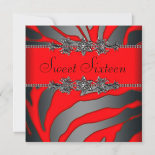 Invitation Jolie fête d'anniversaire Sweet Sixteen Zèbre Roug