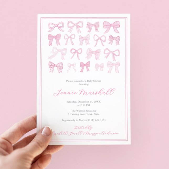 Invitation Jolie Fête de Baby shower fille de vaches roses (Pretty pink and white hand painted watercolor bows baby shower invitation for little girl)