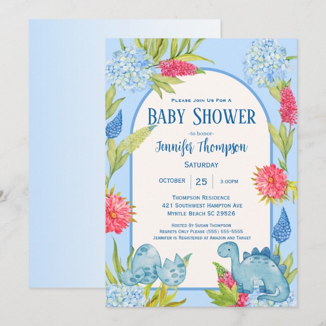 Invitation Jolie Fête de Bébé Maman Dino Floral Mignon Oeuf (Devant / Derrière)