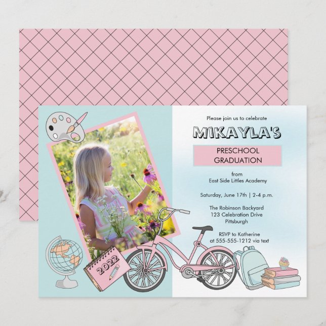 Invitation Jolie Fête de la Petite Fille de l'École Préscolai (Devant / Derrière)