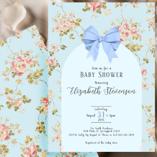Invitation Jolie Fête de Naissance Fleurs Roses Ruban Bleu