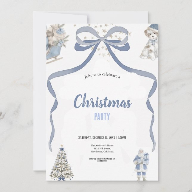 Invitation Jolie fête de Noël aquarelle bleue et grise  (Devant)