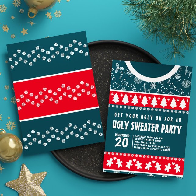 Invitation Jolie fête de Noël moderne rouge et bleu moche (Cute Modern Red and Blue Ugly Sweater Xmas Party Invitation)