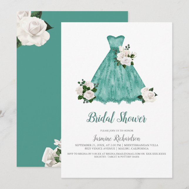 Invitation Jolie Fête des mariées blanche et Turquoise (Devant / Derrière)