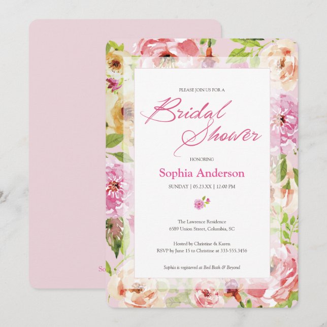 Invitation Jolie Fête des mariées d'aquarelle rose (Devant / Derrière)