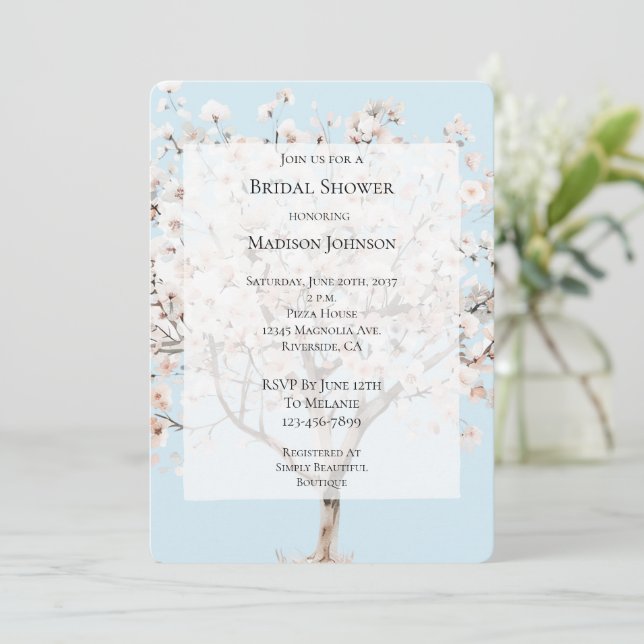 Invitation Jolie Fête des mariées d'arbre à fleurs rose (Debout devant)
