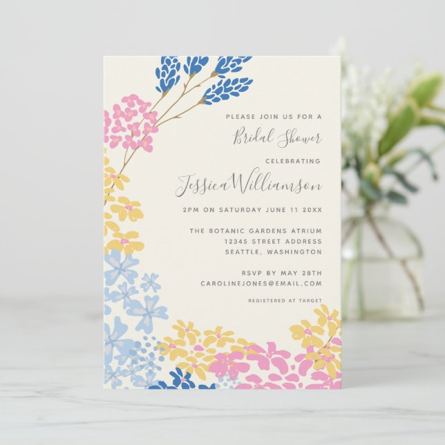 Invitation Jolie Fête des mariées de fleurs bleu et jaune été (Debout devant)