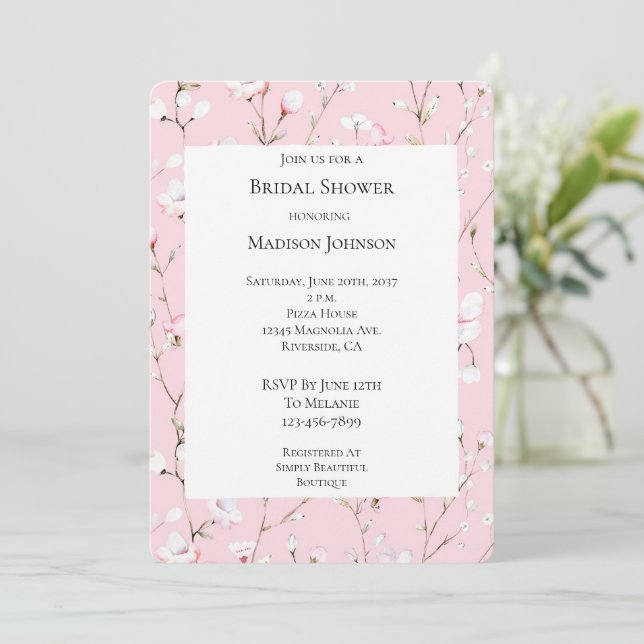 Invitation Jolie Fête des mariées rose blanche florale (Debout devant)
