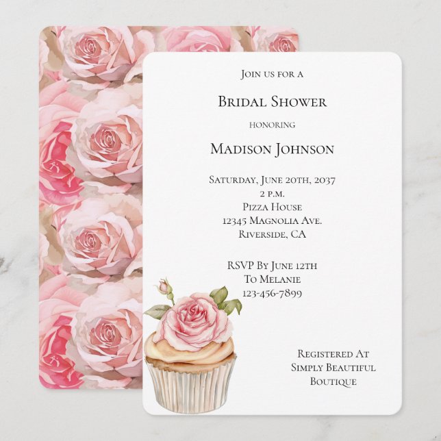 Invitation Jolie Fête des mariées Rose Cupcake (Devant / Derrière)