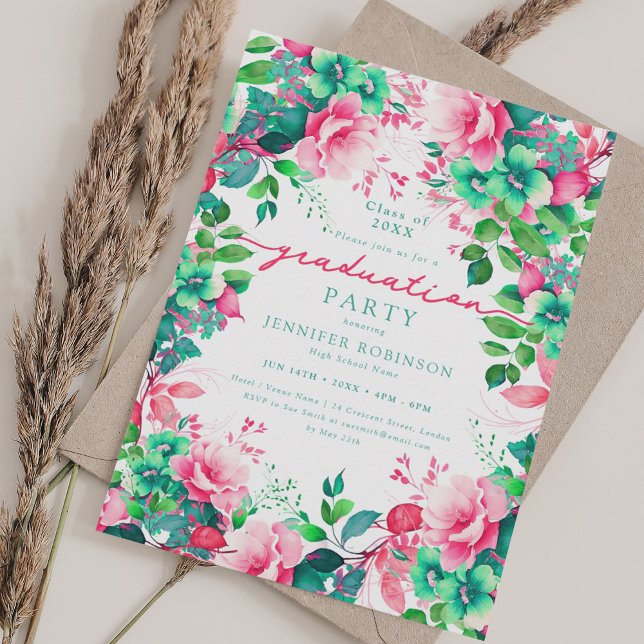 Invitation Jolie fête d'été Jardin Floral Graduation (Pretty Summer Garden Floral Graduation Party Invitation)
