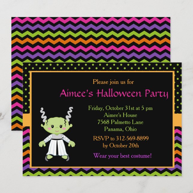 Invitation Jolie fête d'Halloween Monster Girl Halloween (Devant / Derrière)