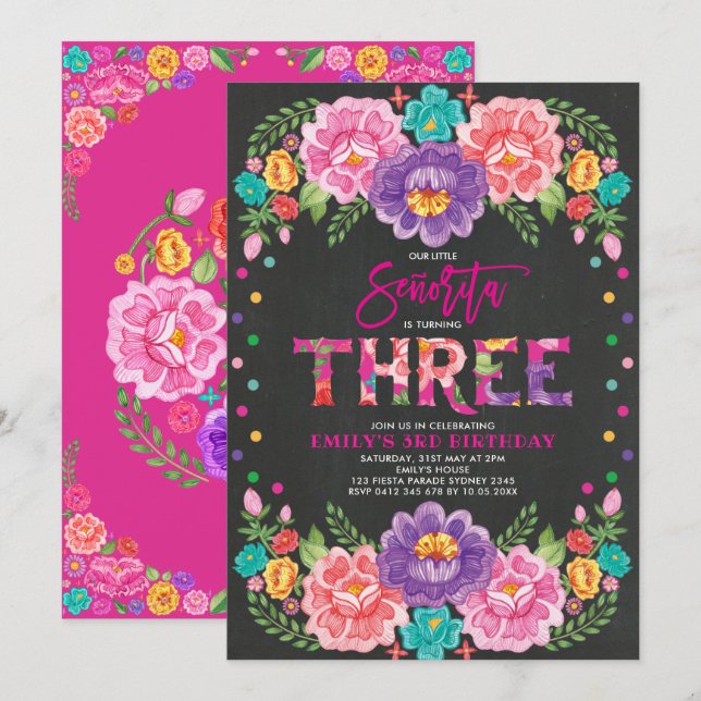 Invitation Jolie Fête Florale Senorita Fille 3e anniversaire (Devant / Derrière)