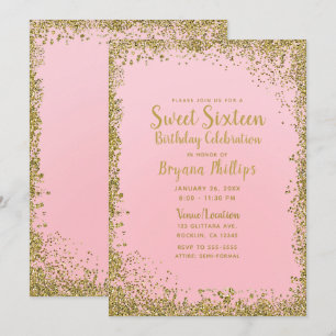 Invitation Jolie fête Sweet 16 avec bordure pailletée rose et