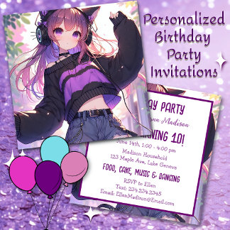 Invitation Jolie fille Anime dans les casques Fête d'annivers