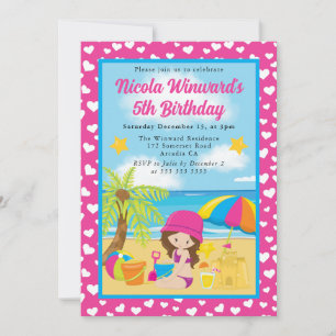 Invitation Jolie fille aux cheveux bruns plage enfants annive