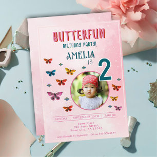 Invitation Jolie Fille aux Fleurs Papillon Anniversaire Photo