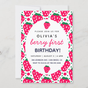 Invitation Jolie fille aux fraises Fête du 1er anniversaire